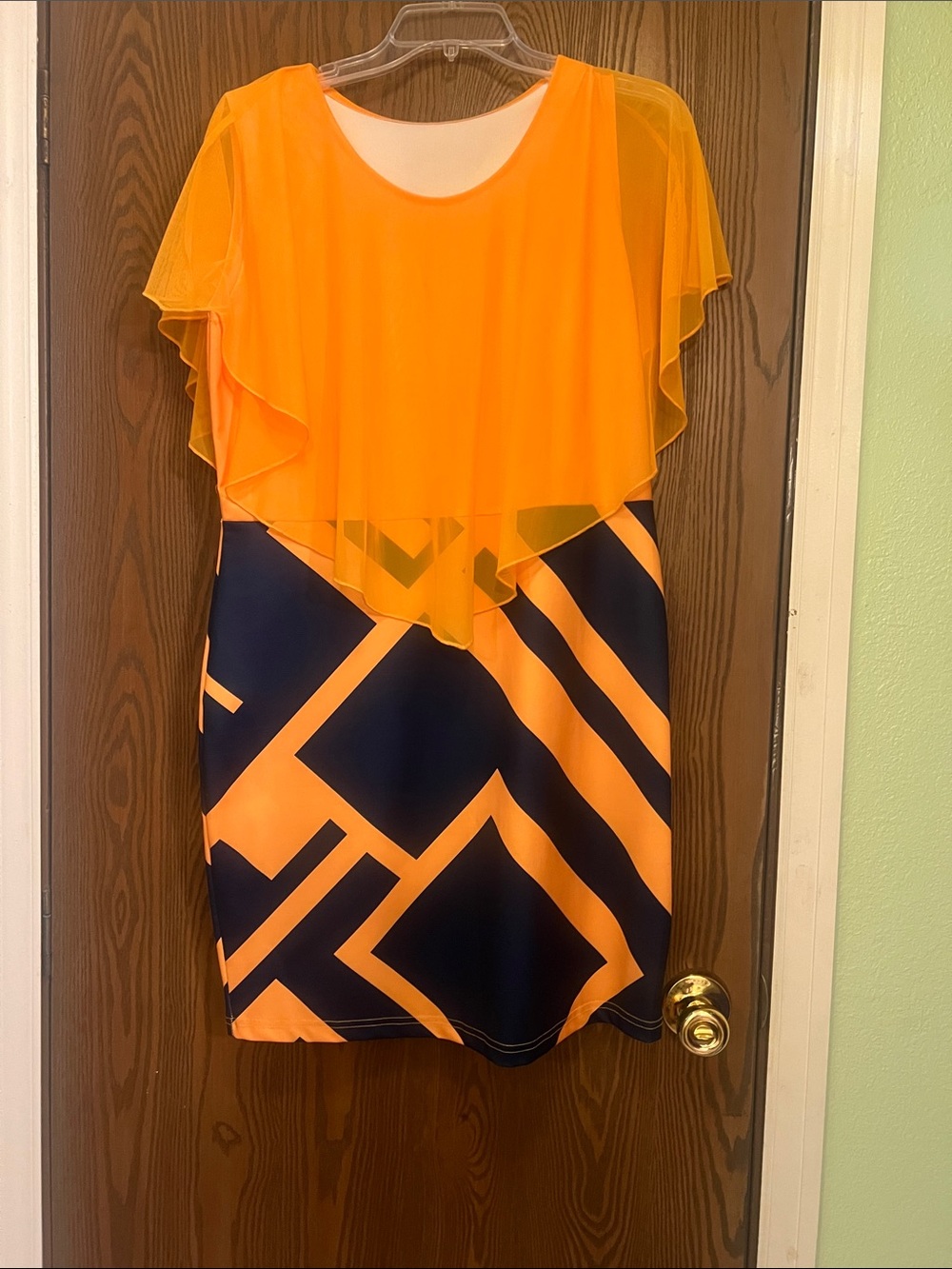 Orange & Navy Geometric Midi Dress with Layered Overlay
